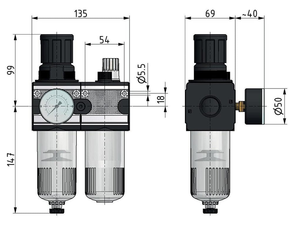 FRL 2-Part G1/2'' 5800 l/min 0.2-6.0bar/3-87psi Auto Protective Cage Polycarbonate Multifix 2