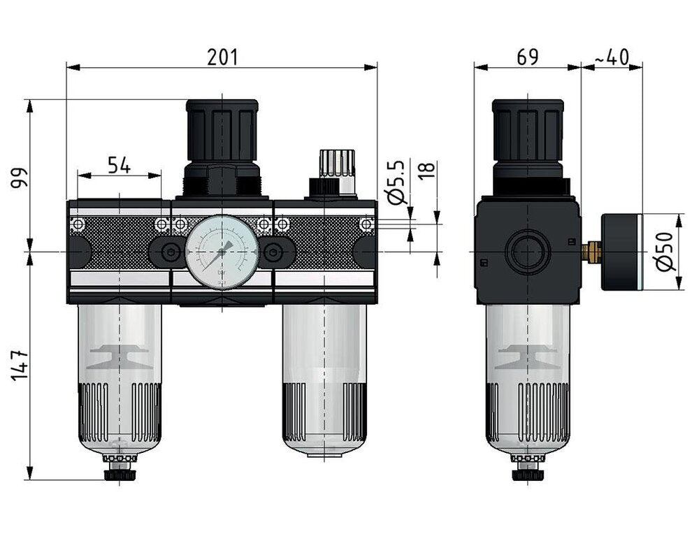 FRL 3-Part G3/4'' 5800 l/min 0.2-6.0bar/3-87psi Semi-Auto Polycarbonate Multifix 2