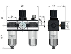 FRL 3-Part G1/2'' 5800 l/min 0.5-10.0bar/7-145psi Auto Polycarbonate Multifix 2