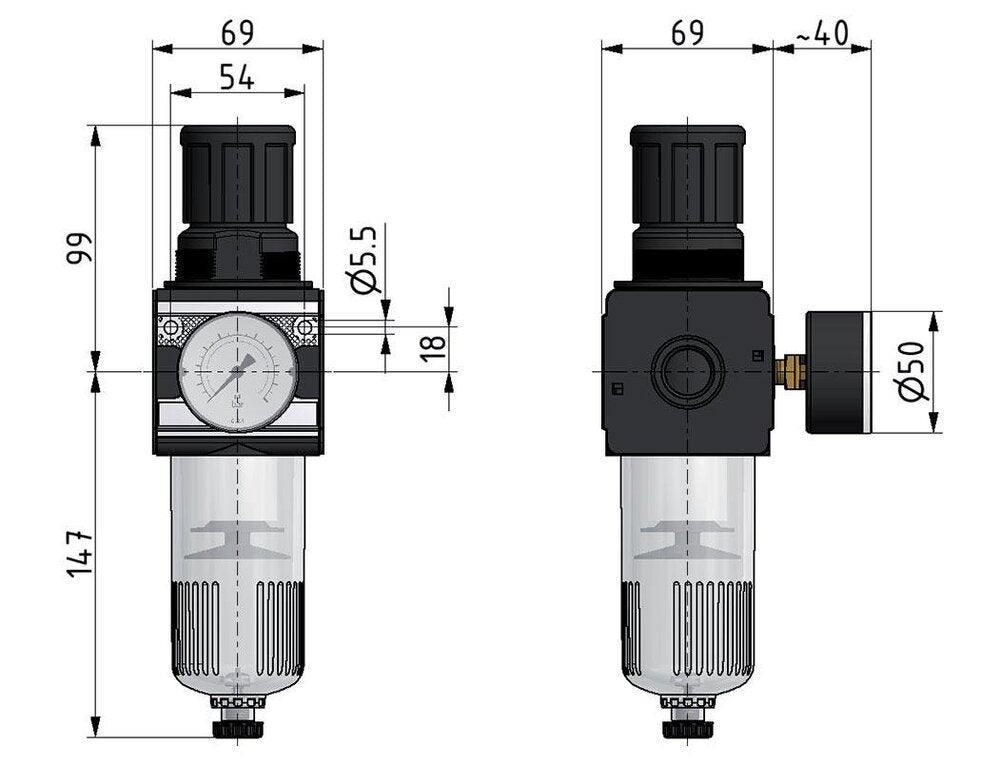Filter-Regulator G1/2'' 6700 l/min 0.1-3.0bar/1-44psi Semi-Auto Polycarbonate Multifix 2