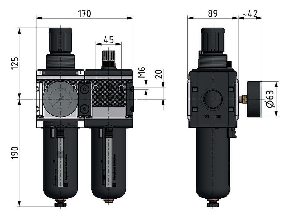 FRL 2-Part G1'' 12000 l/min 0.5-10.0bar/7-145psi Semi-Auto Metal Multifix 4