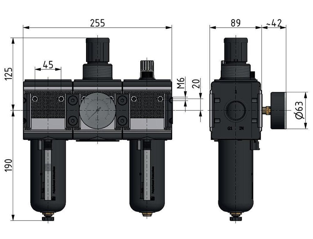 FRL 3-Part G1'' 12000 l/min 0.5-10.0bar/7-145psi Semi-Auto Polycarbonate Multifix 4