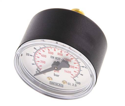 0..100 Bar (0..1450 psi) Pressure Gauge Rear Plastic/Brass 50 mm Class 2.5