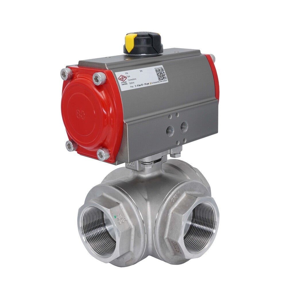 3-Way Pneumatic Ball Valve G3'' L-bore Stainless Steel Double Acting