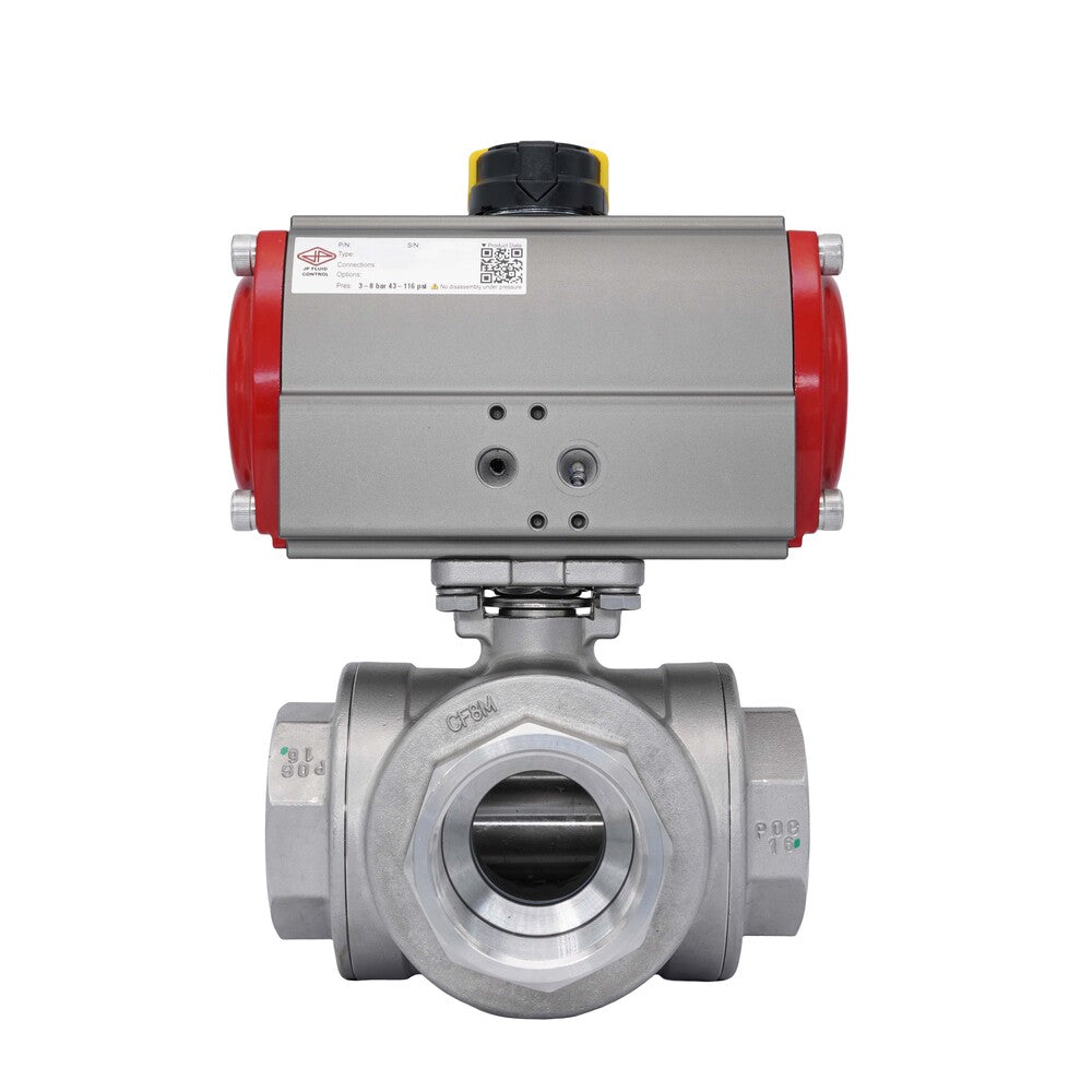 3-Way Pneumatic Ball Valve G2'' T-bore Stainless Steel Spring Opening
