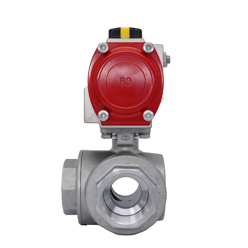 3-Way Pneumatic Ball Valve G2'' L-bore Stainless Steel Spring Opening