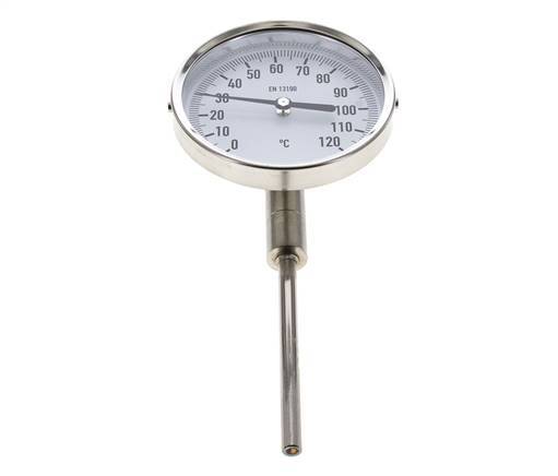 0 to +120°C Stainless Steel Bimetallic Thermometer 100mm Cabinet 100mm Stem Bottom