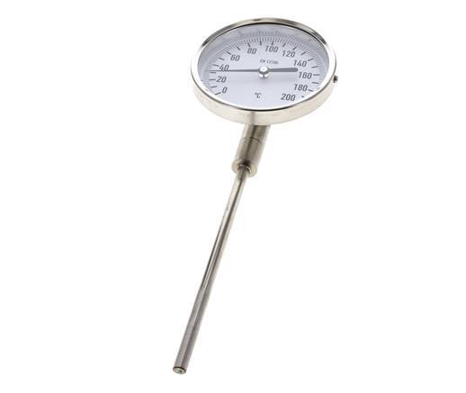 0 to +200°C Stainless Steel Bimetallic Thermometer 100mm Cabinet 160mm Stem Bottom