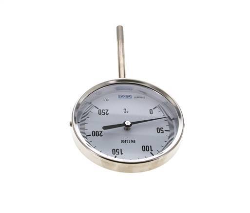 0 to +250°C Stainless Steel Bimetallic Thermometer 100mm Cabinet 100mm Stem Bottom