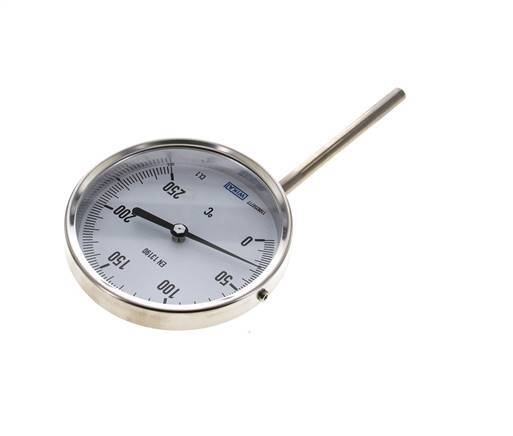 0 to +250°C Stainless Steel Bimetallic Thermometer 100mm Cabinet 100mm Stem Bottom