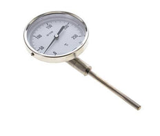 0 to +250°C Stainless Steel Bimetallic Thermometer 100mm Cabinet 100mm Stem Bottom