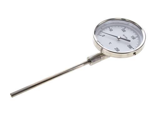 0 to +250°C Stainless Steel Bimetallic Thermometer 100mm Cabinet 160mm Stem Bottom